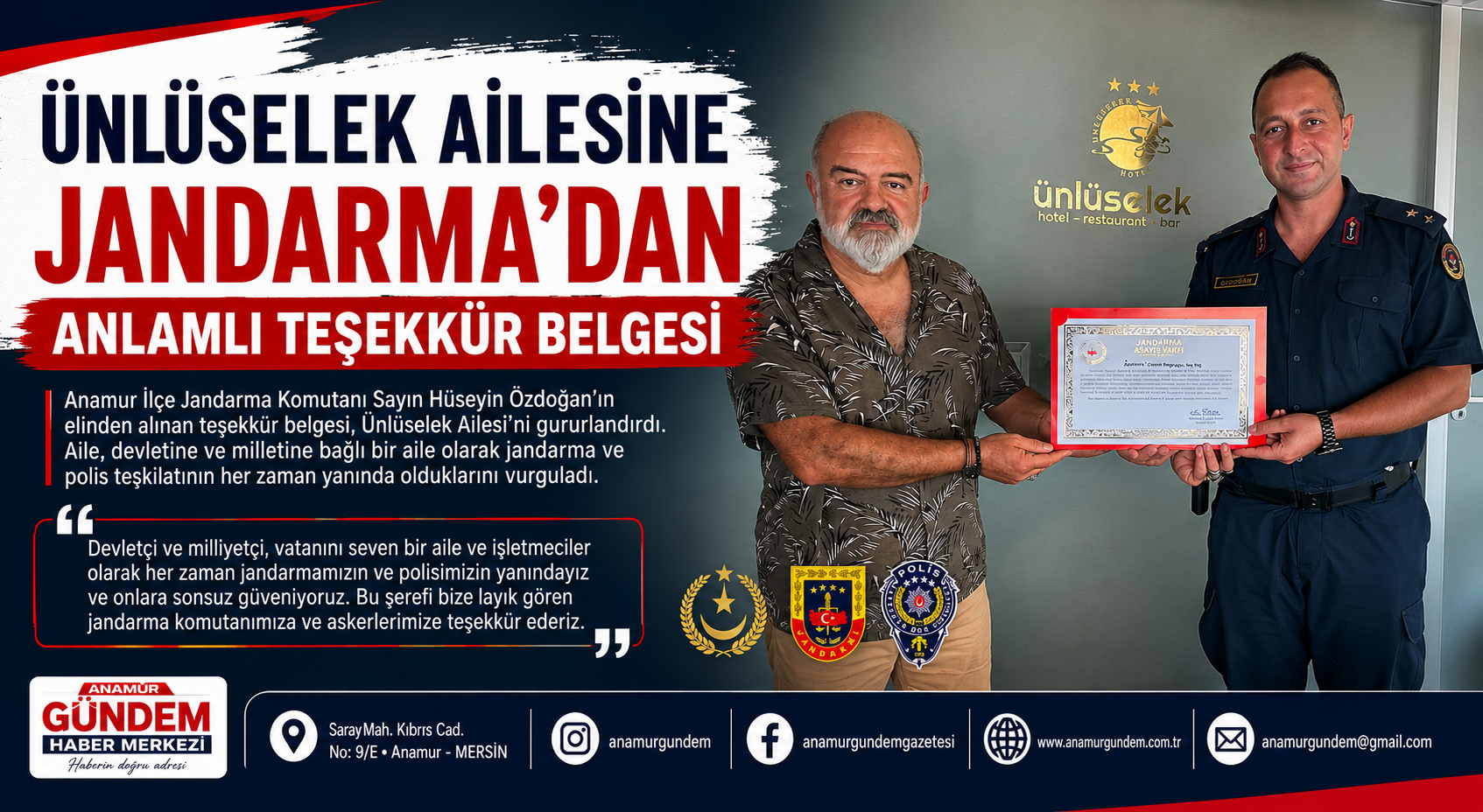 ÜNLÜSELEK AİLESİNE JANDARMA’DAN ANLAMLI TEŞEKKÜR BELGESİ