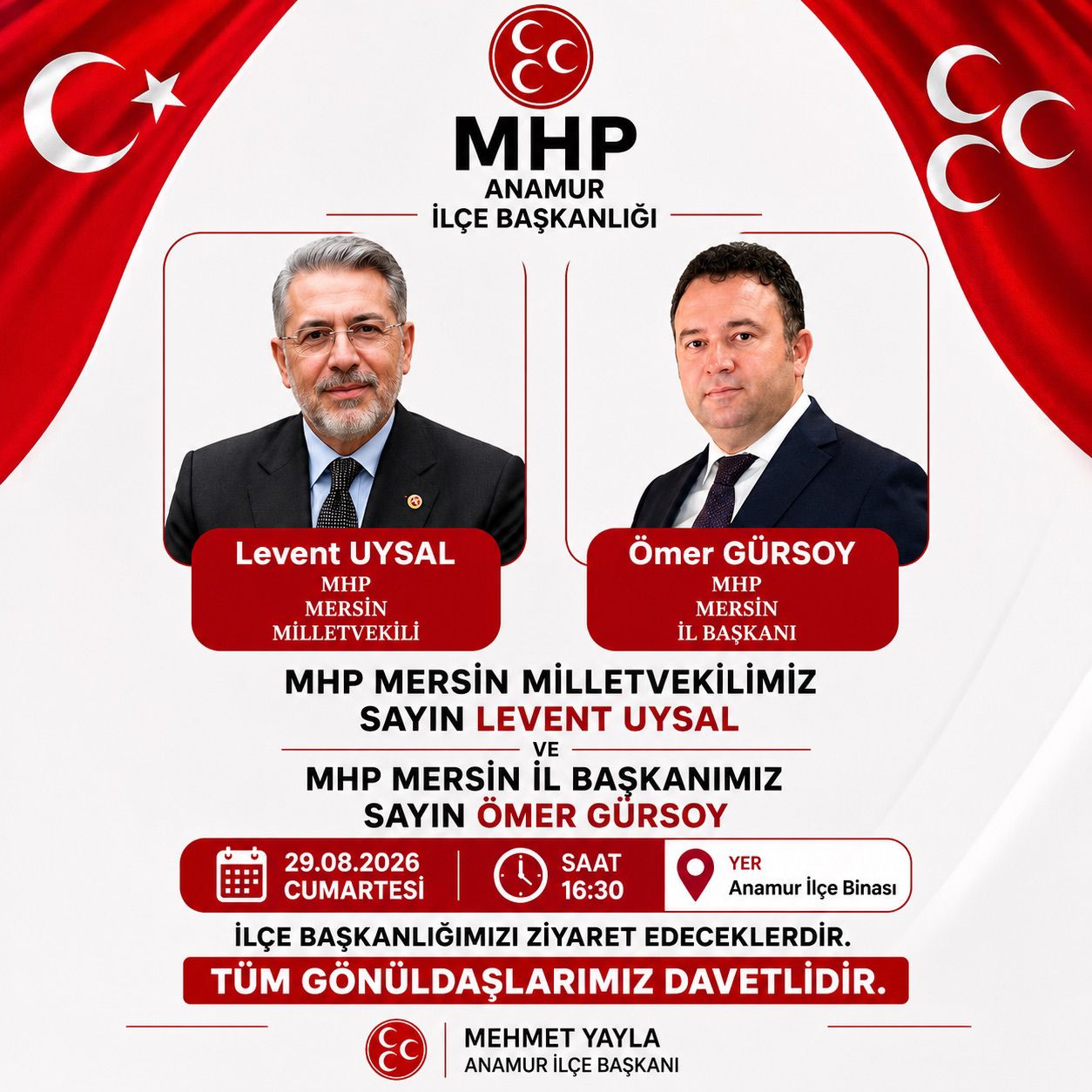 MHP MERSİN MİLLETVEKİLİ UYSAL VE İL BAŞKANI GÜRSOY ANAMUR’A GELİYOR